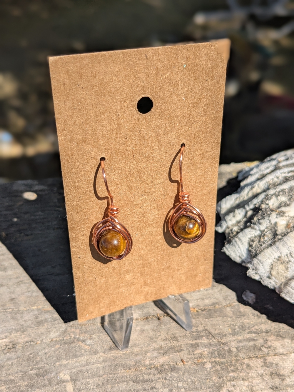 Artisan Copper Wire Wrapped Earrings with Golden Brown Stone